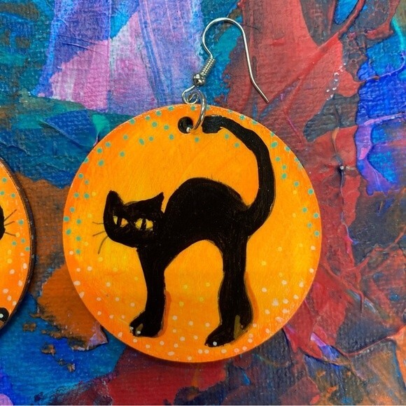 Halloween Black Cat Wooden One-Of-A-Kind Hand Painted Earrings Handmade Witchy - Picture 7 of 10